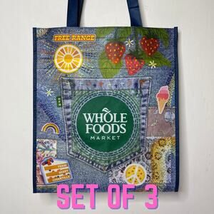SET OF 3 Whole Foods Market Reusable Grocery Shopping Tote Bag Denim Pocket NEW!